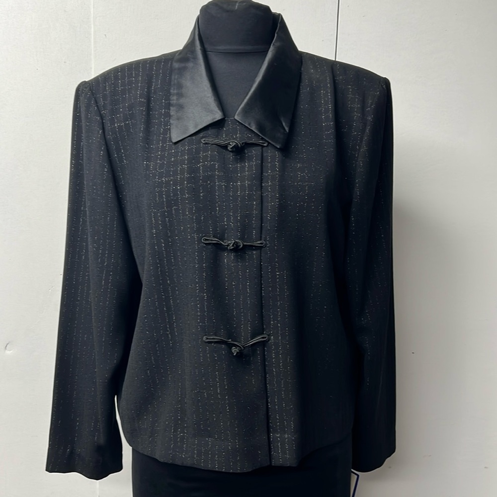Leslie Fay brand dress jacket. Black and shiny black with knot tie closures.